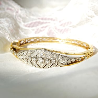 Antique Two-Tone 14K Gold & Platinum Diamond Cluster Bracelet, Ornate Gold Closed Cuff Bangle, Art Deco/Nouveau, 6 1/4