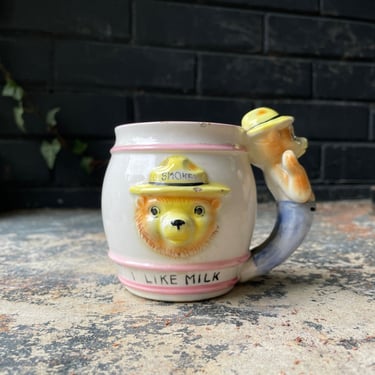 1950s Smokey Bear Coffee Cup Mug Vintage Mid-Century Japanese Pottery 