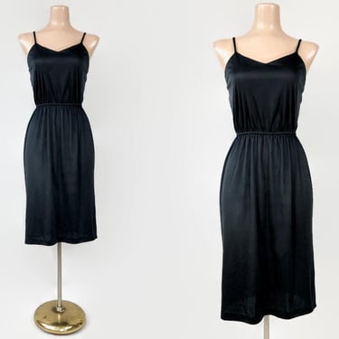 VINTAGE 70s 1970s Slinky Black Sweetheart Neckline Disco Slip Dress Sz 11 By Jackie O! 