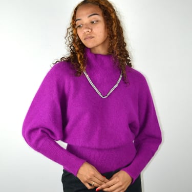 Vintage 80s Sweater / Vintage Rhinestones Sweater / Fuchsia Magenta Purple Disco Top / Medium / 1980s Shirt Women 