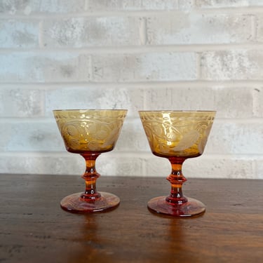 Vintage Amber Crystal Dessert Glasses with Berry and Leaf Design - Set of 2 from the 1970s 
