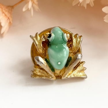 Teeny Tiny Frog | Toad Gold Toned & Green Painted Vintage Figural Brooch Lapel Pin 