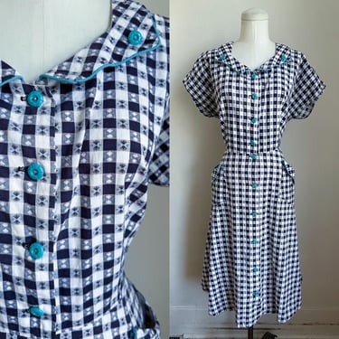 Vintage 1950s Black and White Gingham Dress / L 