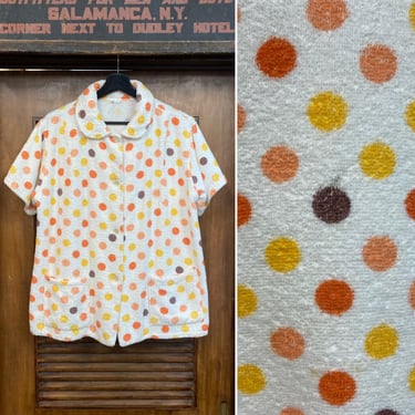 Vintage 1960’s Mod Polka Dot Terrycloth Beach Tiki Ladies Shirt Top, 60’s Vintage Clothing 
