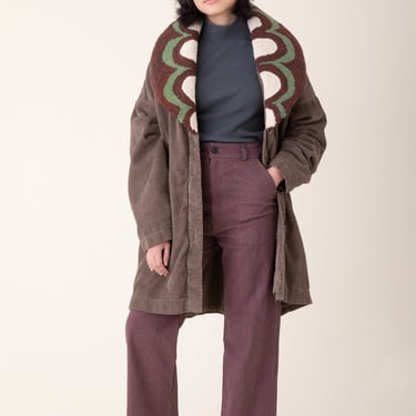 Tufted Deco Coat in Olive with Multi Green Colored Collar