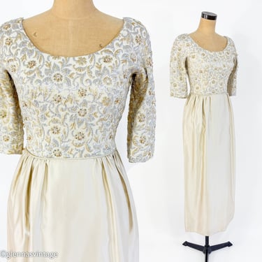 1950s Creme Silk Satin & Brocade Evening Gown |  50s Beige Formal Beaded Top Formal | I Magnin | X Small 