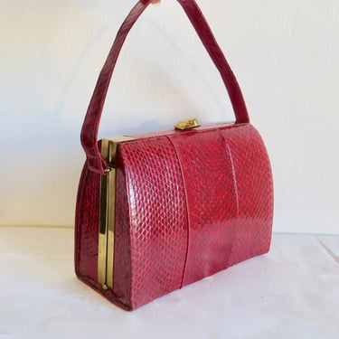 1940's Red Snakeskin Box Purse Structured Bag Top Handle Gold Metal Clasp and Hardware Rockabilly 40's Handbags 