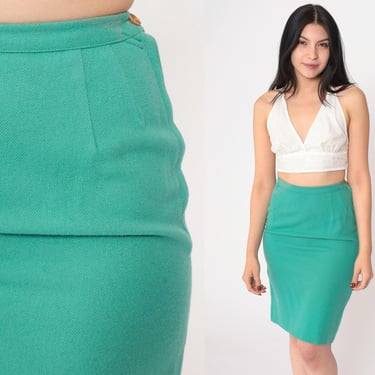 60s Green Pencil Skirt Wool Blend Mini Skirt High Waisted Preppy Retro Professional Basic Chic Secretary Vintage 1960s Extra Small xs 