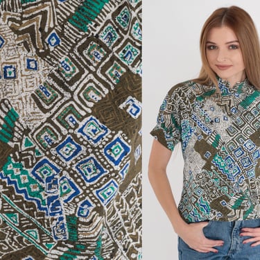 Batik Blouse 80s Puff Sleeve Top Mandarin Collar Shirt Abstract Geometric Brown Olive Green Button Back Hippie Vintage 1980s You Babes XS 
