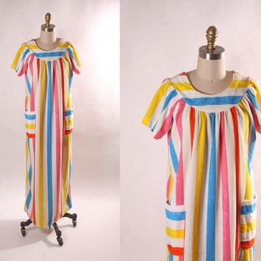 1970s White and Rainbow Striped Short Sleeve Pocketed Ankle Length Dress-S 