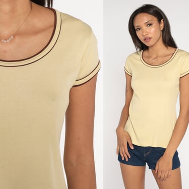 Pale Yellow Ringer Tee Shirt 70s Cream Brown Single Stitch Top Plain TShirt Retro Tee Vintage T Shirt 1970s Baby Tee Medium 