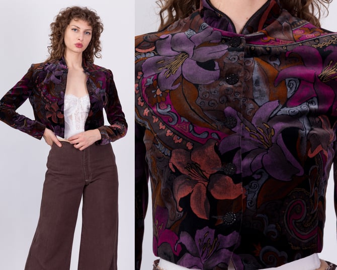 90s Velvet Floral Cropped Jacket - Extra Small | Vintage Purple Red Button Up Blazer Bolero Top 