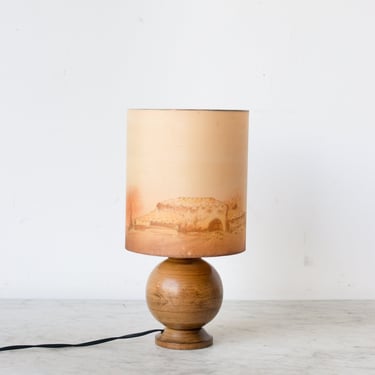 Petite Polished Wood Lamp with Hand Painted Shade