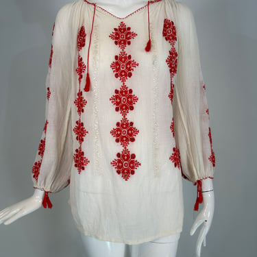1960s Vintage Hungarian Red &amp; White Hand embroidered Gauze Peasant Blouse