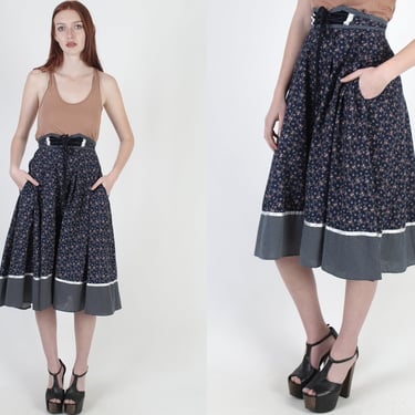 Navy Blue Gunne Sax Skirt With Pockets / 70s Calico Floral High Waist Skirt Size 7 