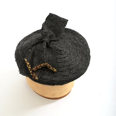 Vintage 1940s black studded straw hat 