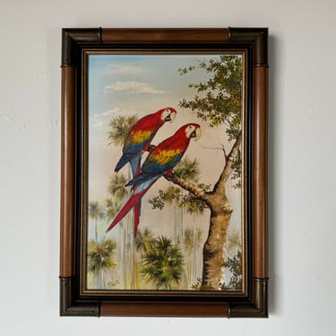 1980's N. Trujillo Two Macaws - Tropical Jungle Oil On Canvas Painting, Framed 