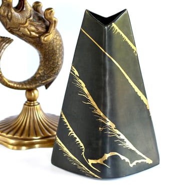 Rosenthal Netter Resist Glaze Solid Brass Matte Black Fish Mouth Vase - Vintage Mid Century Sculpture 
