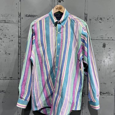 Medium  90’s Polo by ralph Lauren vertical striped collared long sleeve pastel colors shirt 