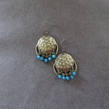 Teal frosted glass and hammered bronze chandelier earrings 