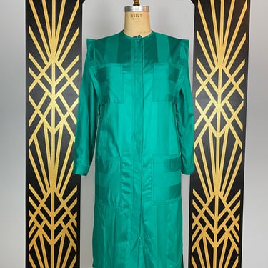 Vintage 80s dress, green polished cotton, 1980s shirt dress, Shoulder epaulettes, futuristic style, minimalist, bold stripe, size large, 38 