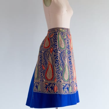 Vintage 1950's Tina Leser Embroidered Fan Tail Wool Skirt / Small