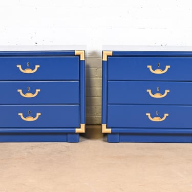 Drexel Mid-Century Hollywood Regency Campaign Blue Lacquered Nightstands, Newly Refinished