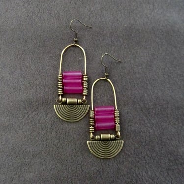 Pink sea glass earrings, chandelier earrings, statement earrings, bold earrings, etched metal earrings, tribal ethnic earrings, chic earring 