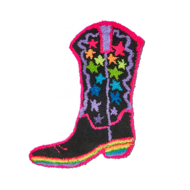 Rainbow star cowgirl boot tufted rug, wall hanging, wall art, black, neon 