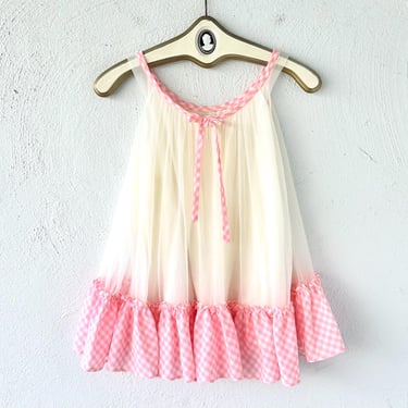 Vintage 60s Chiffon Gingham Ruffle Lingerie Tunic Slip Top 1960s Bow Babydoll Nightie Semi Sheer 