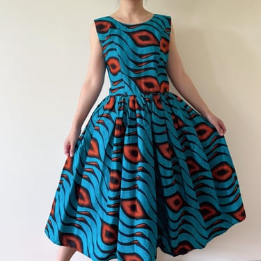 vintage dress handmade dress African cotton African dress turquoise market dress midi dress field dress prairie dress bouffant dress size M 