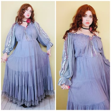 1980s Vintage Anna Konya Lavender Gauze Blouse and Maxi Skirt / 80s Ribbon Puffed Sleeve Dress and Tiered Lace Prairie Skirt / One Size 