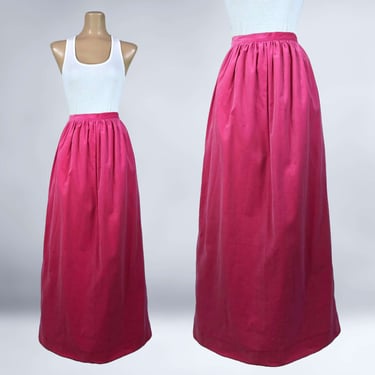 VINTAGE 60s Hot Pink Velvet Maxi Skirt with Pockets 26" Waist | 1960s Long Skirt in Plush Day-Glo Pink | VFG 