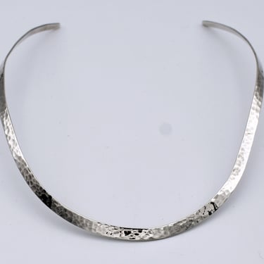 90's Mexico 925 silver torque necklace, hammered DDD sterling open collar tribal choker 