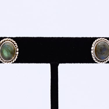 70's blue green labradorite 925 silver oval studs, sterling beaded rope chatoyant stone earrings 