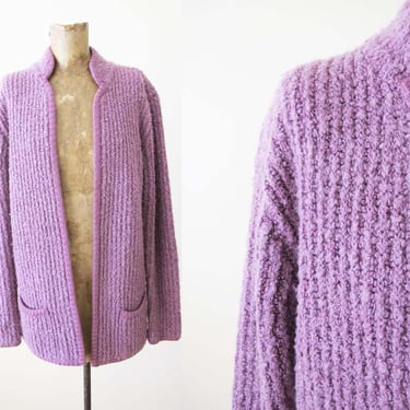 Vintage 80s Purple Knit Cardigan Sweater M - Lavender Textured Knitted Buttonless Cardigan - Fuzzy Pastel Jacket 