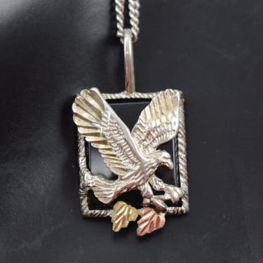 90's sterling onyx eagle leaves pendant, 925 silver yellow & rose gold wash abstract flying eagle necklace 