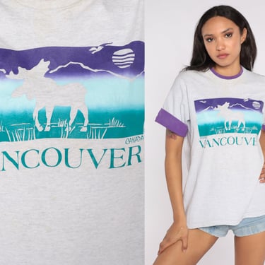 90s Vancouver Shirt Canada Wildlife Shirt Moose T Shirt Animal Vintage Cuffed Grey Purple Graphic Tshirt 1990s Fruit of the loom Medium 