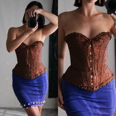 Vintage 90s Brocade Copper Brown Ruffled Bustier w/ Lace Back | Vintage Halloween Costume | 1990s French Style Sleepwear Styled Corset 