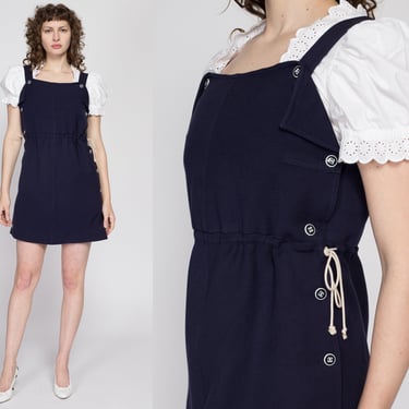 Medium 70s Courrèges Navy Blue Mini Jumper Dress | Vintage Designer Wool Nautical Mod Pinafore Dress 