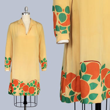 RARE 1920s Dress / Yellow Silk Hand Painted 20s Dress / Orange Grove / As Is 