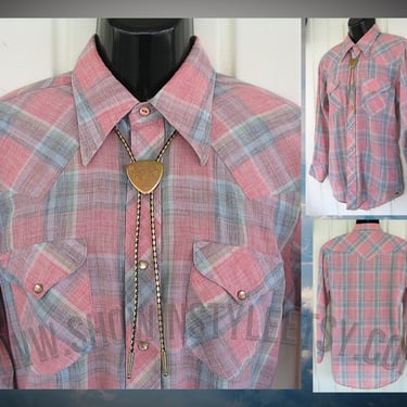 Miller Vintage Western Men's Cowboy and Rodeo Shirt, Pink & Blue Pastel Plaid, Tag Size 15.5-33, Approx. Medium (see measurements) 