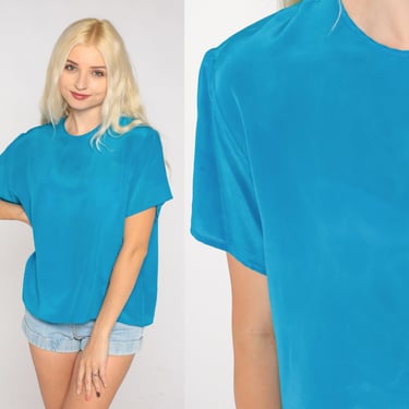 Bright Blue Silk Shirt 90s Semi-Sheer Short Sleeve Top Plain Blouse Minimalist T Shirt Basic Solid Simple Light Spring Vintage 1990s Large L 