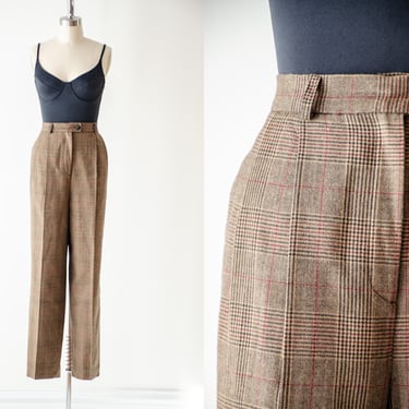 high waisted pants | 80s 90s vintage brown tan black red wool plaid checkered pleated dark academia trousers 