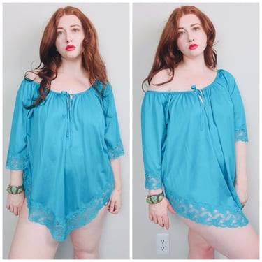 1980s Vintage Turquoise Nylon Tunic / 80s Lace Trim Blue Babydoll Nightgown /Size Large - XL 