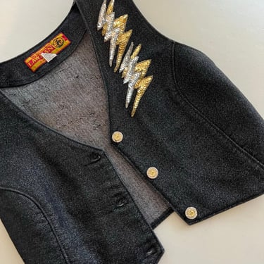 Vintage Lawman Western Lighting Bolt Button Front Cropped Denim Vest Size XS to small 