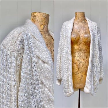 Vintage 1980s Oversized Ivory Sweater Coat, Off-White Cardigan, Chunky Acrylic/Mohair Cable Knit, Small to Medium, VFG 