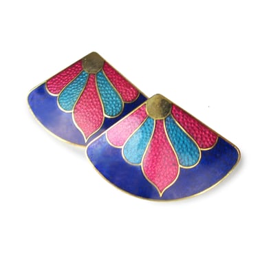 Vintage Cloisonné  Enamel Earrings, Post Earrings for Pierced Ears, Blue and Pink Earrings, Vintage Jewelry, Boho Style Costume Jewelry 