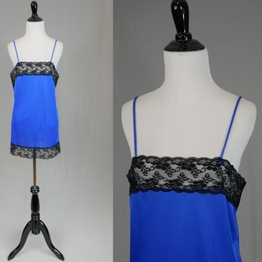 80s Blue Nightie with Black Lace - Short Nylon Nightgown - Vintage 1980s - S M 