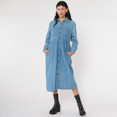 Vintage Denim Midi Dress 90s Blue Jean Shirtdress Button Up High Waisted Long Sleeve Collared Retro Pocket Day Cotton 1990s Small 4 Petite 